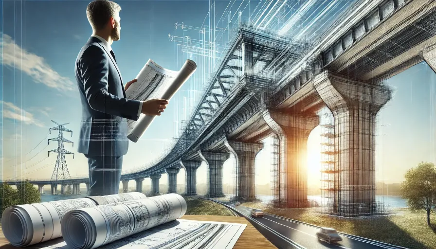 Ingegnere progetta ponte moderno e solido, simbolo di architettura software resistente